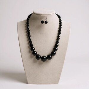 Black Lucite Bead Gradual Necklace Earring Set